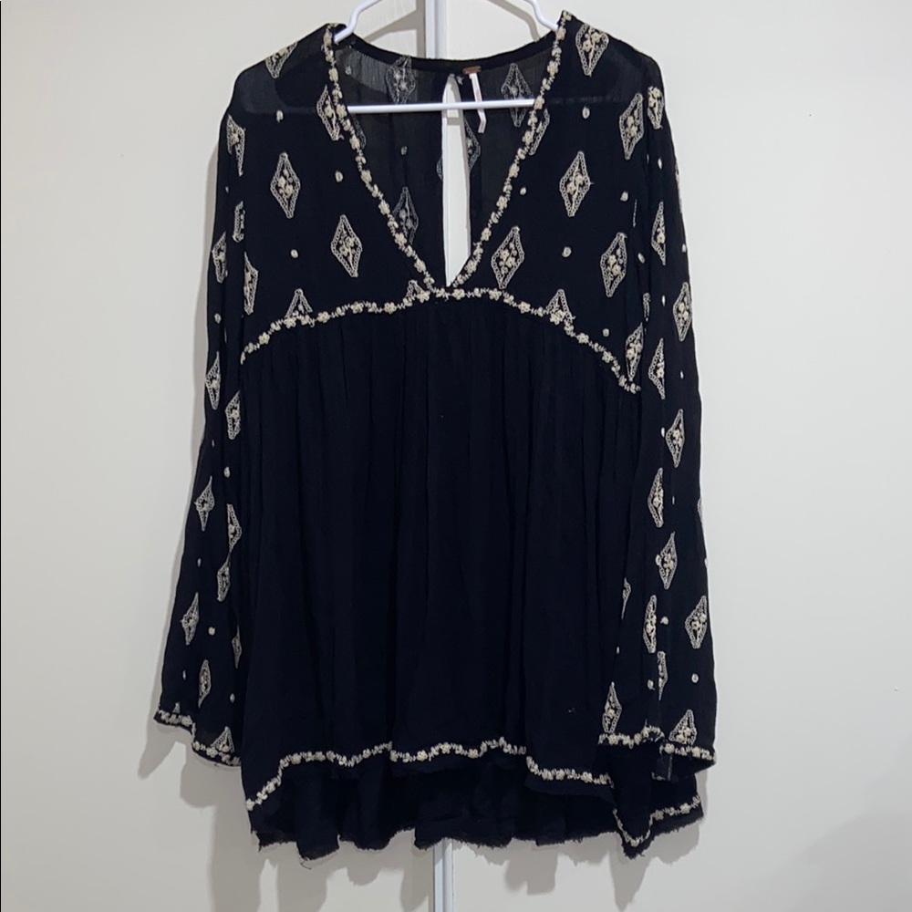 Free People Black Blouse with White Details